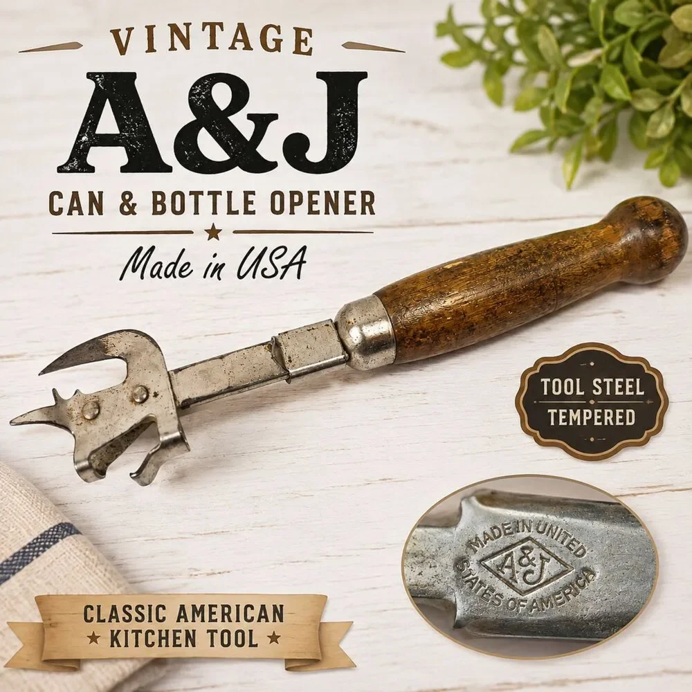 Vintage A&J Can Bottle Opener Wood Handle Tool Steel Tempered USA Kitchen Tool